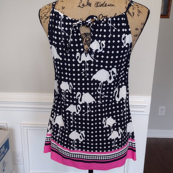 Crown & Ivy Summer Sleeveless Top, Small Blue & White Flamingos Pattern - Picture 3 of 11